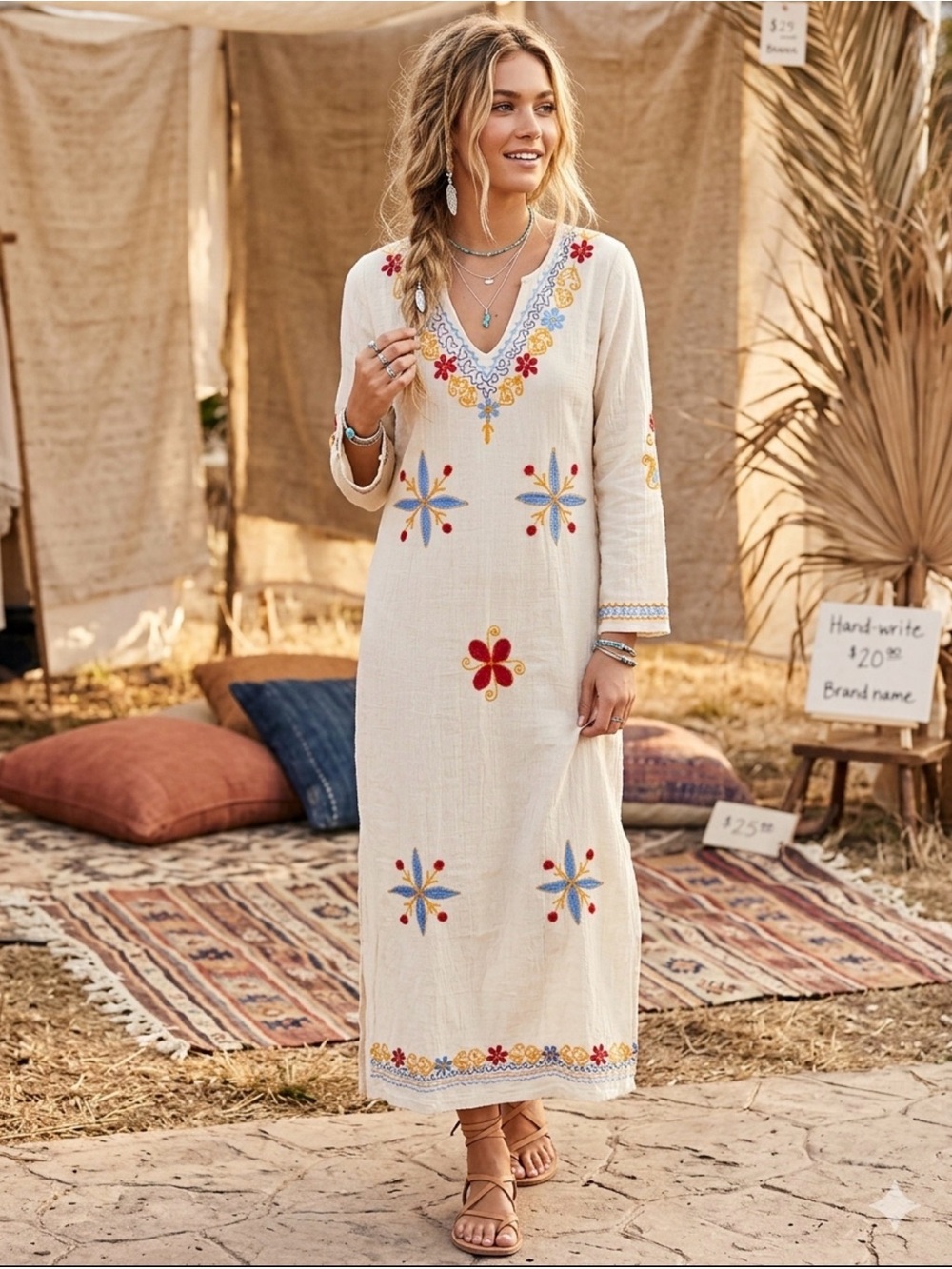 True Vintage 70’s Indian Cotton Embroidered Kaftan Maxi Dress